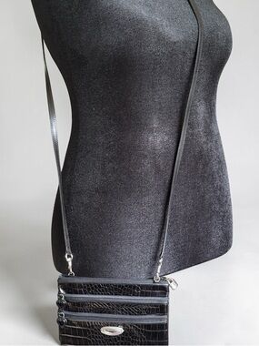 Black Croc-Embossed Crossbody Bag with Silver Hardware